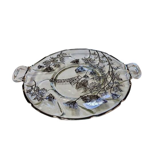 25th Anniversary Platter Handled Plate Silver Overlay Flowers Wedding - Picture 7 of 15